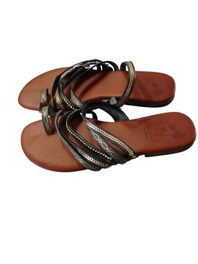 Jellypop Black Multi-Striped Brown Footbed Toe-Loop Sandals